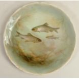 Hand Painted Cabinet Plate with images of fish, signed, diameter 23cm