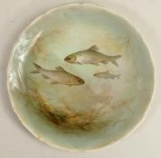 Hand Painted Cabinet Plate with images of fish, signed, diameter 23cm