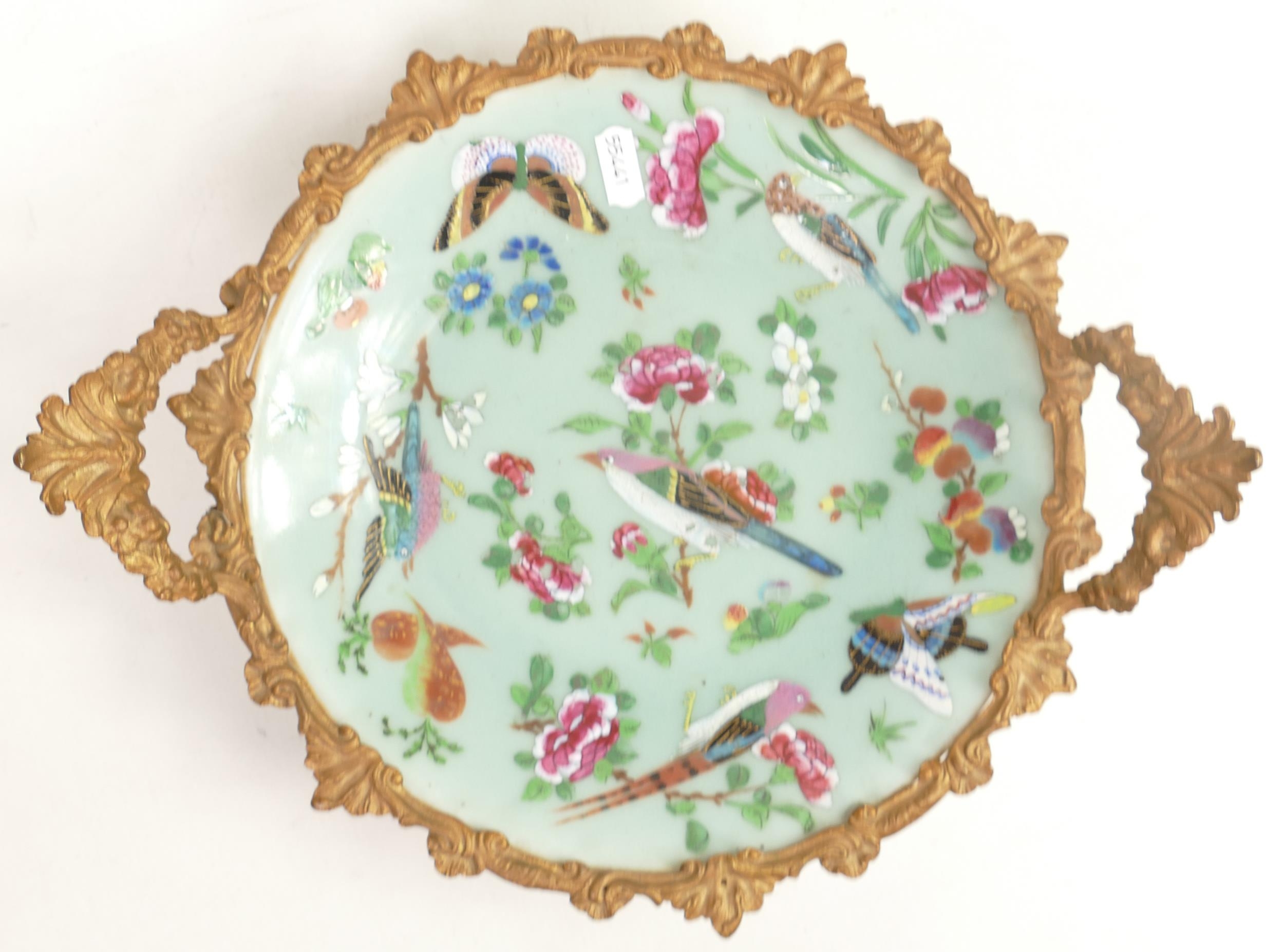Chinese Rose Canton Green Celadon Glazed Plate with Butterfly & Flowers with metal handled mount, - Image 3 of 3