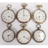 6 x Continental silver cased pocket watches, all in fair to reasonable order. No keys, so assume not