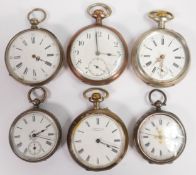 6 x Continental silver cased pocket watches, all in fair to reasonable order. No keys, so assume not