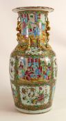 19th century Chinese Cantonese porcelain vase, embossed gilded lizards and dog handles, decorated