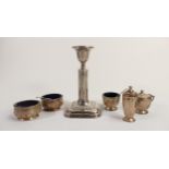 A collection of silver items including 5 piece cruet, solid silver 198g, and Silver filled