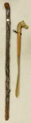 Antique Gnarled Root wood Stick, length 89cm & brass mounted Shoe Horn