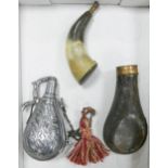 Three Vintage Powder Flasks, largest 17cm(leather item missing pourer)(3)