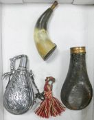 Three Vintage Powder Flasks, largest 17cm(leather item missing pourer)(3)