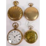 Four gents original gold plated / gilt metal pocket watches. Three in ticking order, largest not