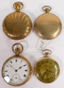 Four gents original gold plated / gilt metal pocket watches. Three in ticking order, largest not