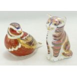 Royal Crown Derby Kitten & Robin Paperweights , gold stopper (2)