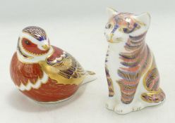 Royal Crown Derby Kitten & Robin Paperweights , gold stopper (2)