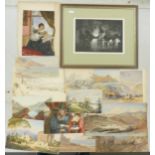 A collection of unmounted watercolours with landscape & portrait theme's together with framed