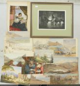 A collection of unmounted watercolours with landscape & portrait theme's together with framed