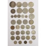 A collection of pre 1947 Silver coins, including half crowns, florins etc, 287g.