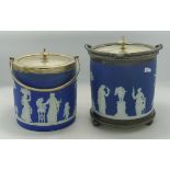 Two Wedgwood Dip Blue Biscuit Barrels , both with silver plated mounts(2)