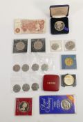 A collection of coins including commemorative coins, 2 10 shilling notes, etc