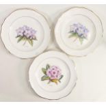Three hand decorated wall plates with images of flowers, signed Liam Millar, each with diameter of
