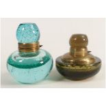Heavy coloured glass inkwells with brass mounts. tallest 12cm. Chip / crack to edge of green