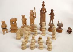 19th Century Carved Bone Half Chess Set, height of king 5cm together with similar Bavarian Carved