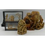 Oriental Soapstone Bush Holder, Figure of Climbing Monkeys together with 2 chinese carved Cork