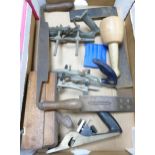 A collection of vintage wooden wood working planes & tools