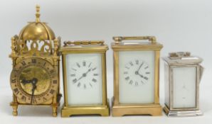 Three Brass Carriage Clocks with issues together wit later chromed item, tallest 17cm(4)