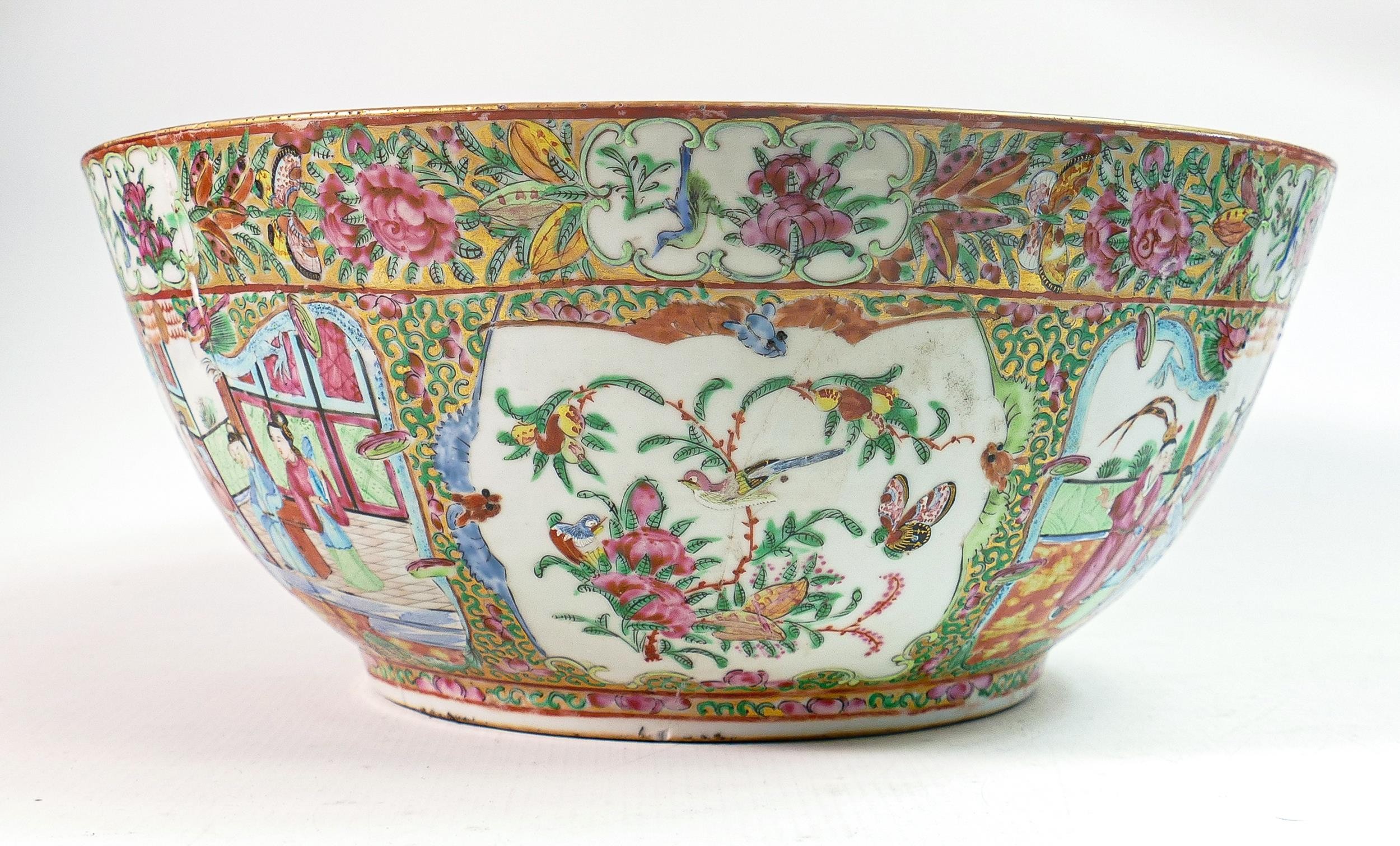 Early 19th century Chinese Canton enamelled punch bowl, decorated with court scenes, foliage & - Image 4 of 5