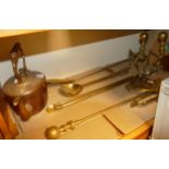 A collection of metal ware to include copper kettle brass fireside companions , iron stand etc