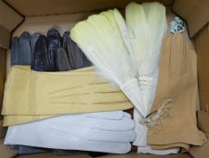A collection of Ladies Kid Leather gloves & vintage feather fan
