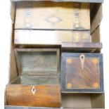 Three Distressed wooden boxes including jewellry box, inlaid tea caddy & casket (3)
