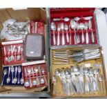 A large collection of boxed and cased silver plated cutlery to include Community, flexfit ( 2 trays)