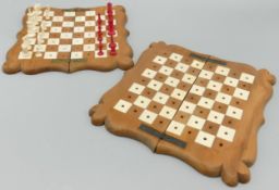 Two Antique Wooden Folding Travel Chess Board and part complete set, ref 161