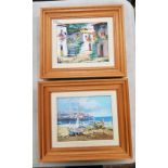Two continental small framed oil on canvas's one coastal scene, one street scene, 37cm x 32cm (2).