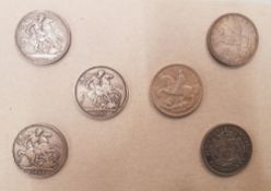 A collection of Victorian and Later Silver Crowns Dated - 1889 x2, 1900, 1935 x2 & 1937. (168.3g)