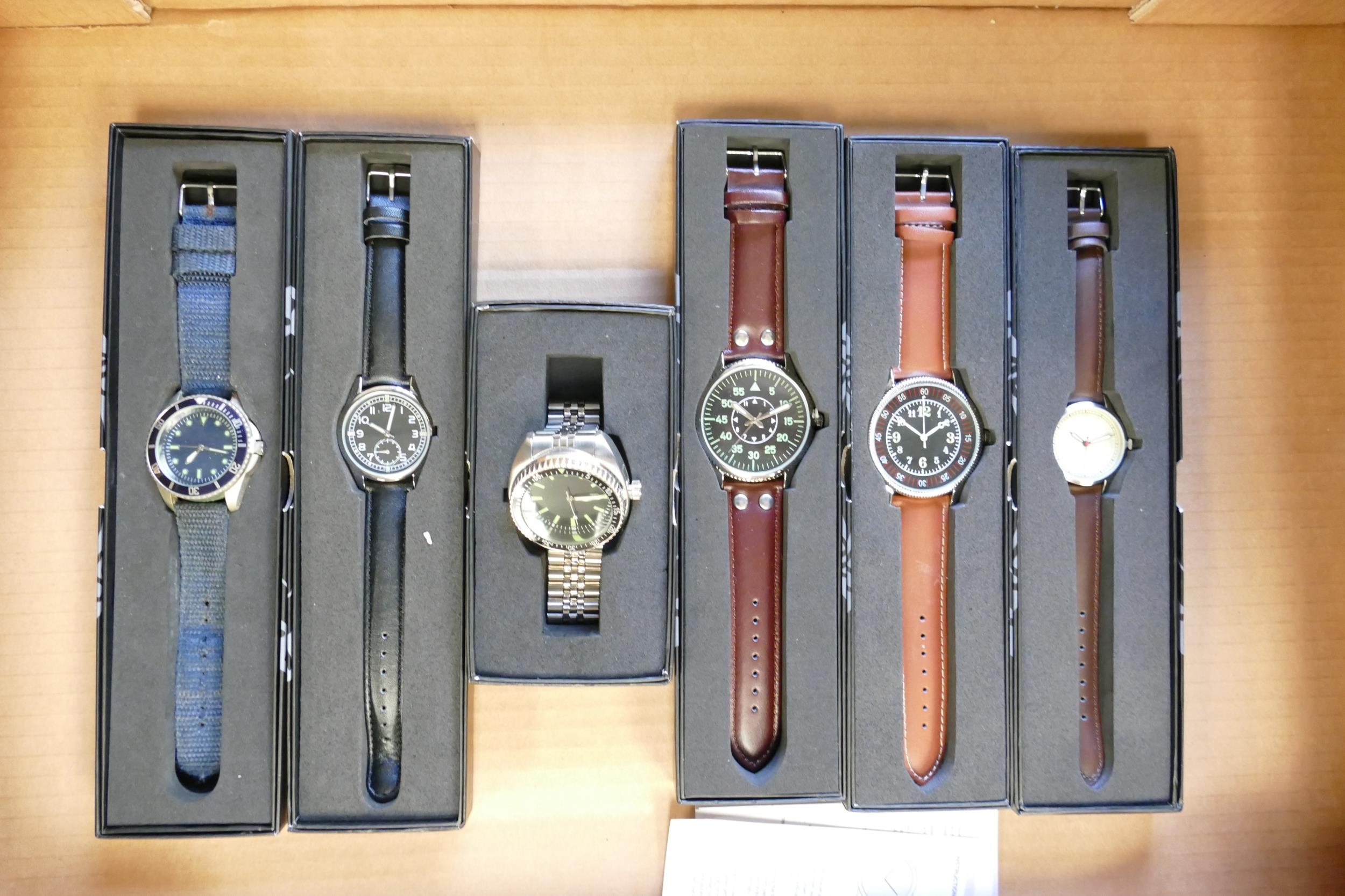 A collection of Modern Eaglemoss Reproduction Divers & Pilots Historic type watches, all boxed (6)