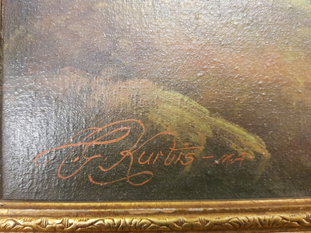 A group of four oil on canvas paintings in gilt frames depicting woodland and landscape scenes, - Image 4 of 5