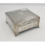 Silver jewellery box, hallmarked for Birmingham, raised on cabriole shaped supports, engine turned