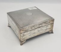 Silver jewellery box, hallmarked for Birmingham, raised on cabriole shaped supports, engine turned