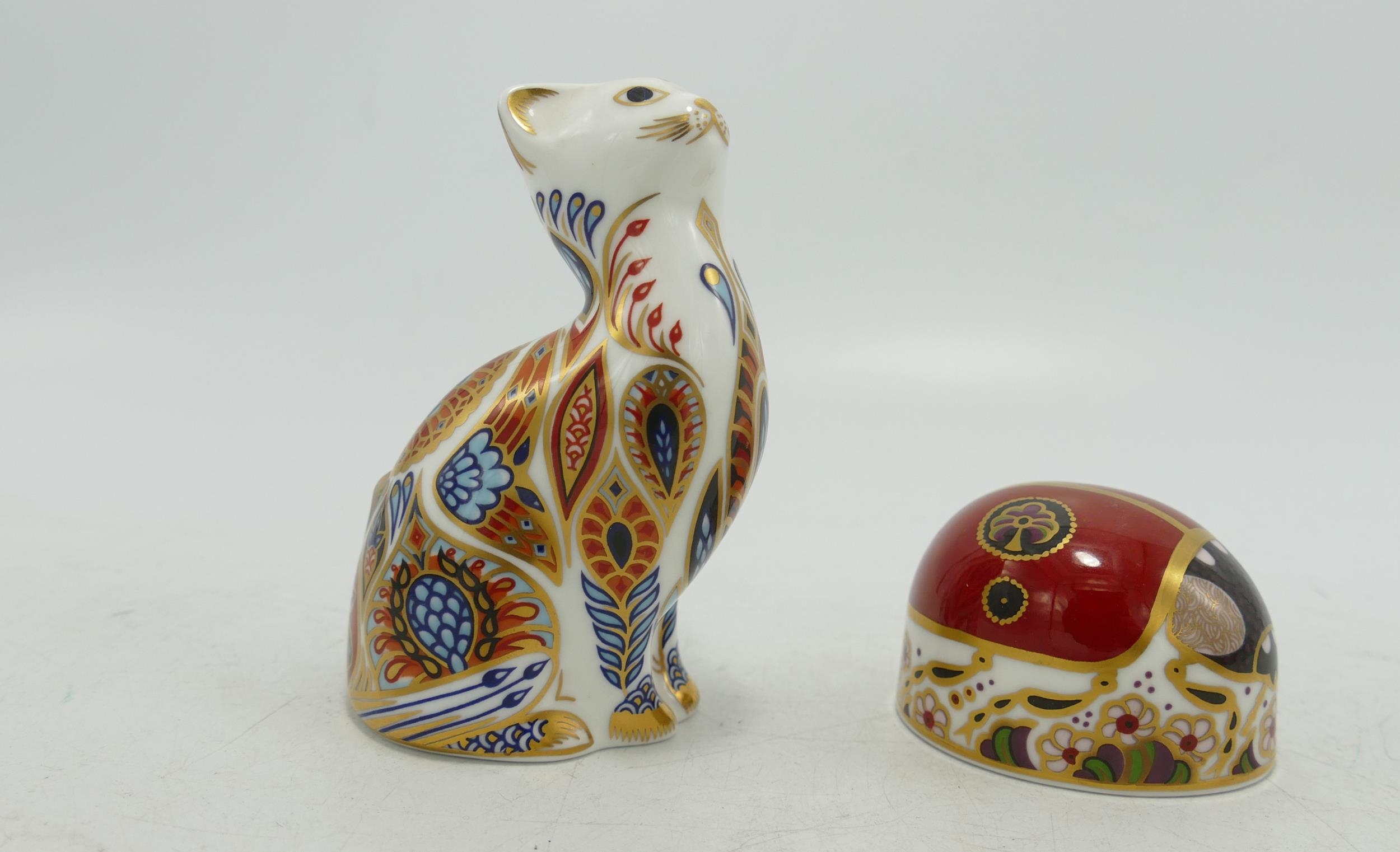 Royal Crown Derby Paperweights Siamese Cat & Ladybird, both gold stoppers(2)