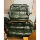 Green leather 3 piece suite, consisting of a 3 seater, 2 seater and an armchair, 184cm W (3 seater),