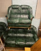 Green leather 3 piece suite, consisting of a 3 seater, 2 seater and an armchair, 184cm W (3 seater),