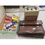 A collection of die-cast boxed toy cars (Miasto, Lledo etc) together with vintage leather case and