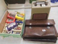 A collection of die-cast boxed toy cars (Miasto, Lledo etc) together with vintage leather case and