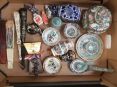 A mixed collection of oriental items to include, Ginger Jar, small temple jar, rice spoons, tea