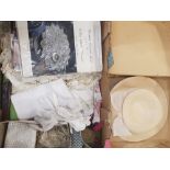 A mixed collection of Vintage Textiles including a boxed summer hat, laced gloves, fabrics, linens