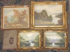 A group of four oil on canvas paintings in gilt frames depicting woodland and landscape scenes,