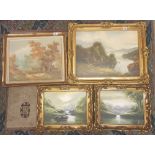 A group of four oil on canvas paintings in gilt frames depicting woodland and landscape scenes,