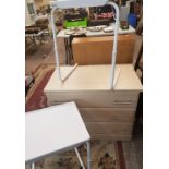 Chest of 3 drawers, 91cm in width, together with 2 metal framed/plastic topped 'over bed' tables (