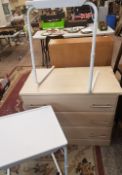 Chest of 3 drawers, 91cm in width, together with 2 metal framed/plastic topped 'over bed' tables (