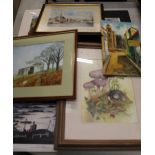 A group of framed/mounted prints together with a continental small oil on board etc.