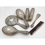 Matching Birmingham silver backed ladies 5 piece Art Nouveau dressing table mirror and brush set